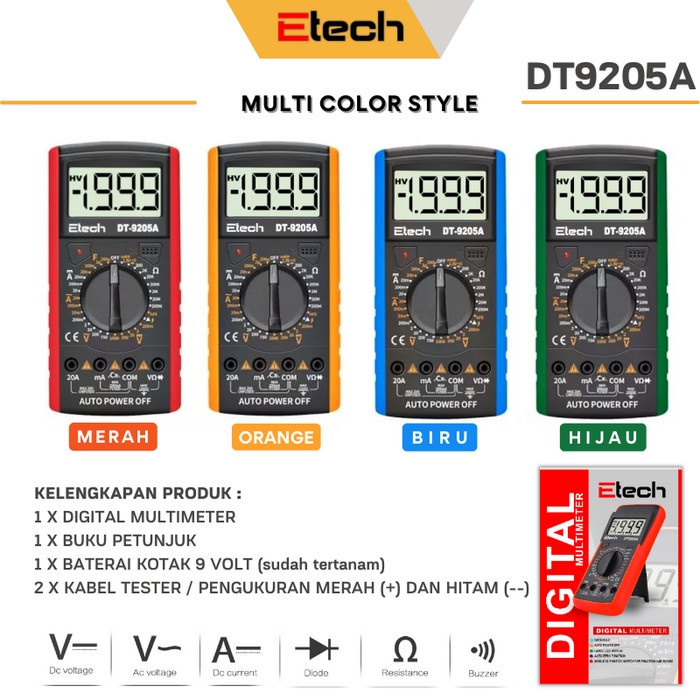 Multimeter Digital DT9205A Digital Multitester Avometer DT-9205A Multi Tester Layar Besar -  E.TECH