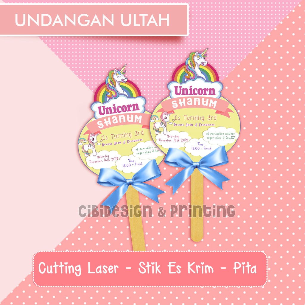 Undangan Ultah / Ulang Tahun custom Lucu Murah Unik Unicorn Stik Es Krim