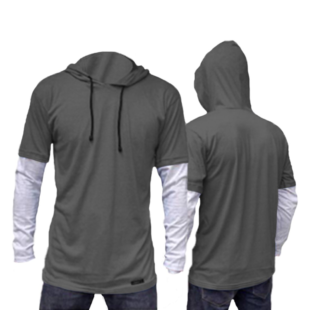 KAOS POLOS HOODIE DOUBLE LAYER LENGAN PANJANG/size m,l,xl /pria/wanita/terlaris /termurah/terbaru/bandung-abu tua+abu misty