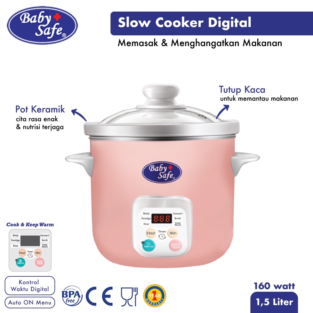 Baby Safe Slow Cooker 1,5L LB06D Pink with Auto Menu Baby Food Maker Alat Makan Bayi