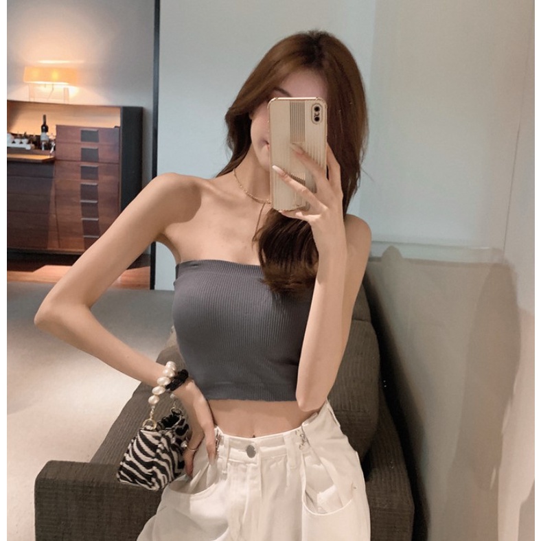 Tanktop 16 tank top atasan crop kemben strapless bra pakaian wanita rib knit dengan cup multiway-Abu