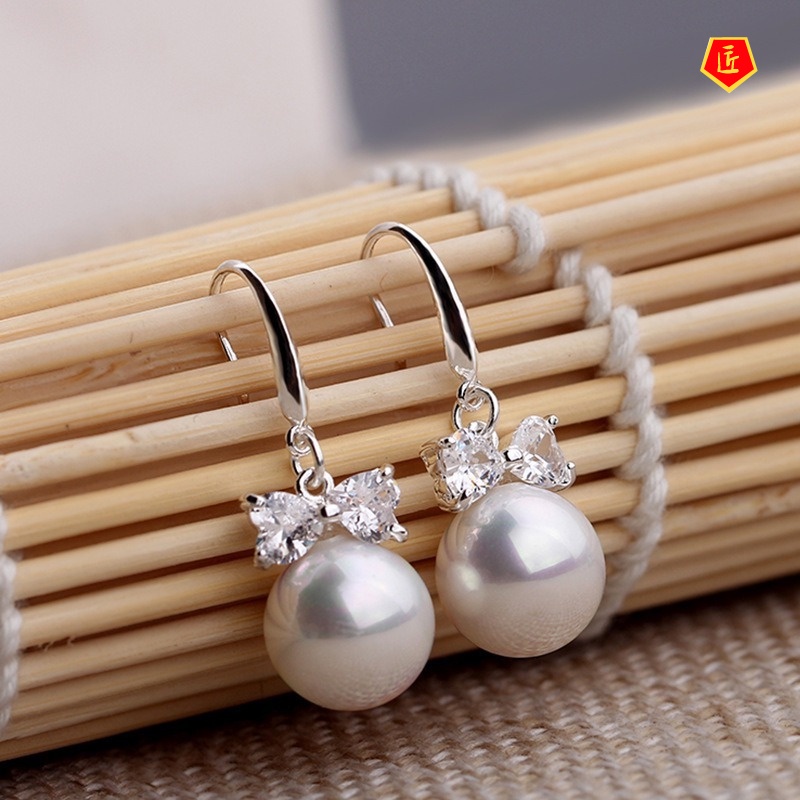 [Ready Stock]Women's Bow Pearl Diamond Earrings Small and Cute