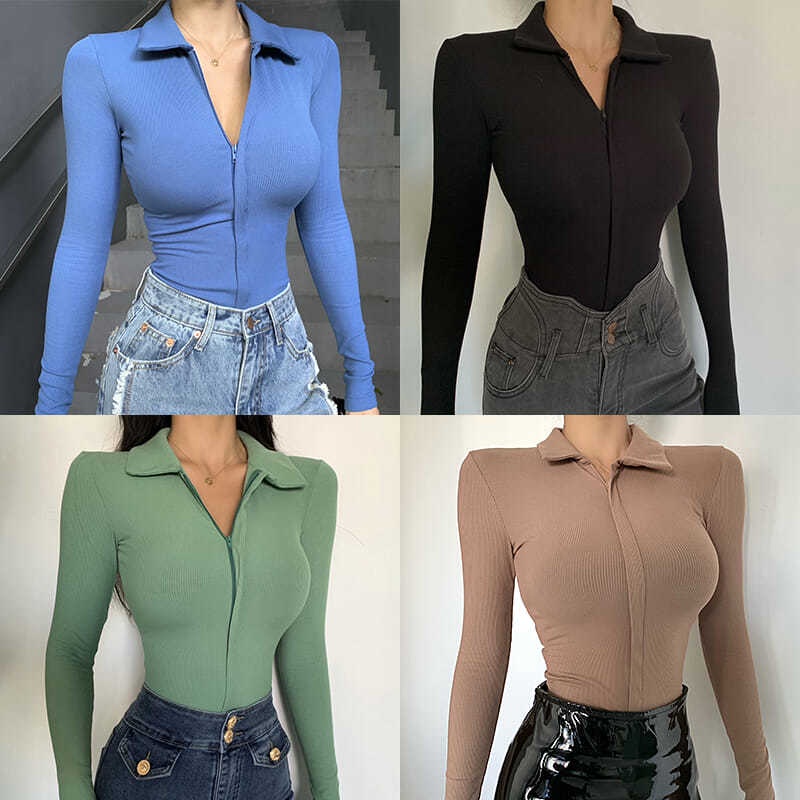 Suhao Musim Gugur/Winter New Sexy All-in-One Top Wanita Turtleneck T-Shirt Slim Fit Zip-Up Lengan Panjang Legging