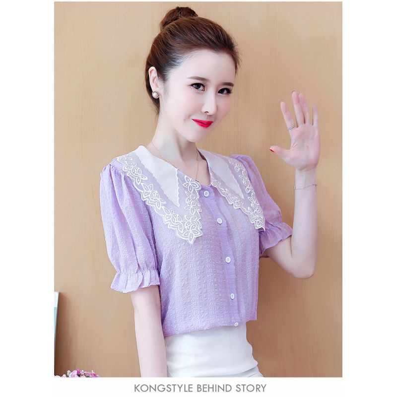 Kemeja wanita ungu muda model kancing sifon Korea lengan pendek elegant