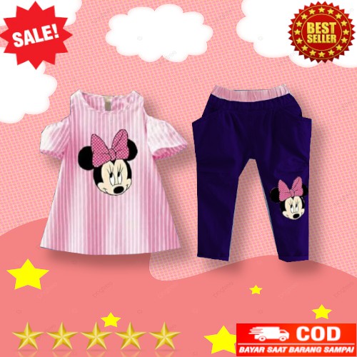 Vision Online -[GRATIS ONGKIR/COD] Stripy minnie pinky/ setelan baju anak perempuan sabrina 1-4 thn