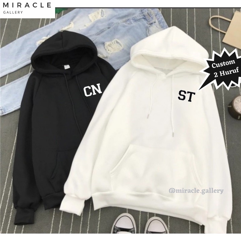 Sweater Hoodie Couple / Jaket Pasangan CUSTOM 2 HURUF INISIAL KECIL Bahan Fleece Premium