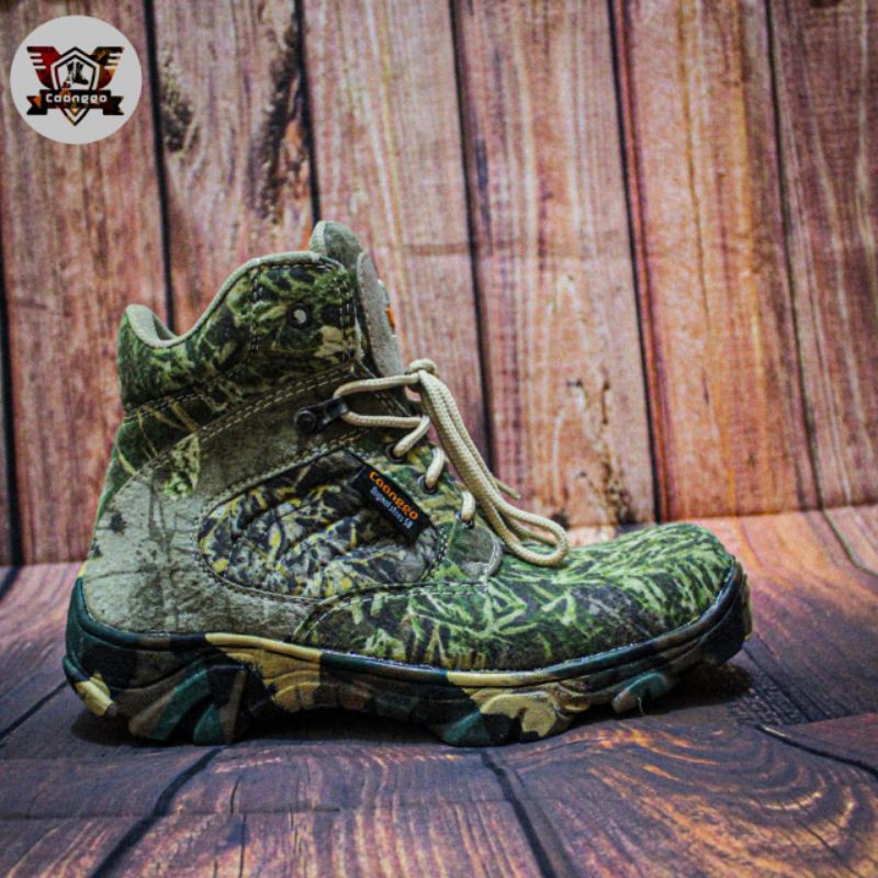 SEPATU SAFETY BOOTS CAMO HUNTING/BERBURU,SAFETY UJUNG BESI,TINGGI 6 INC