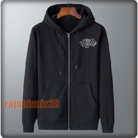 Jaket Hoodie Zipper Hustle Black. Sweater Hoodie Resleting Sablon Hustle. Hoodie Abu Misty