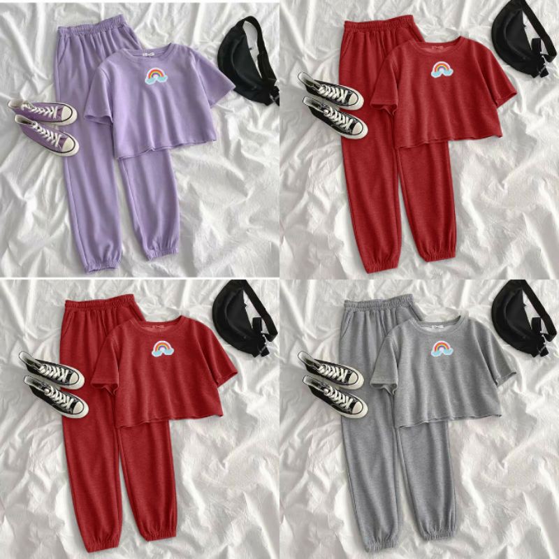 Setelan crop wanita warna ungu Lilac SET RAINBOW CROP SETELAN BAJU REMAJA ABG TANGGUNG KAOS DAILY CR