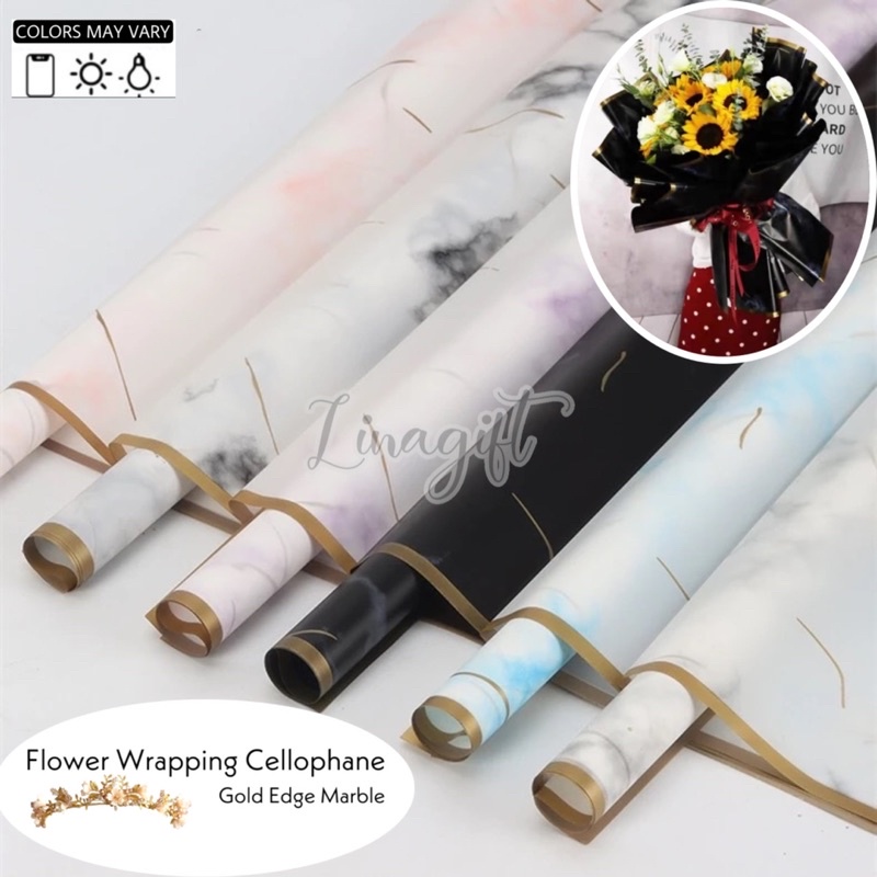 ( 5 Lembar ) GOLD EDGE MARBLE - FLOWER WRAPPING PAPER PLASTIC CELLOPHANE KERTAS BUNGA BUKET / FLORIST