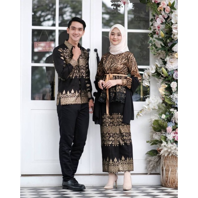 SET KEBAYA MODERN BRUKAT HITAM MANIS COUPLE PASANGAN BAJU KEBAYA MODERN BROKAT TUNANGAN LAMARAN KEBA