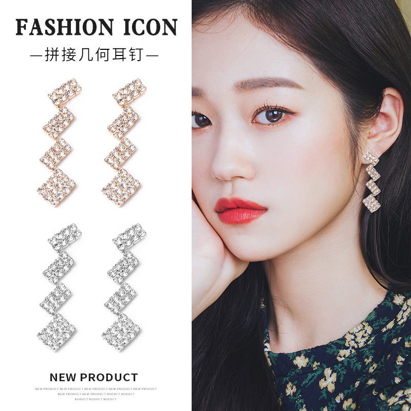 Anting Tusuk Gantung Bahan Sterling silver 925 Desain Geometri Hias Berlian Untuk Wanita