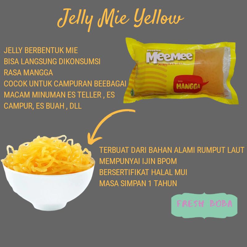 

Minuman jelly topping mie kosena meemee kuning rasa mangga