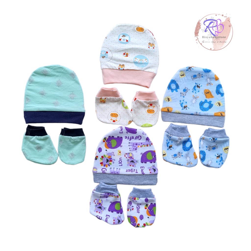 1 set topi bayi motif lucu / topi set sarung tangan kaki Risya baby SNI