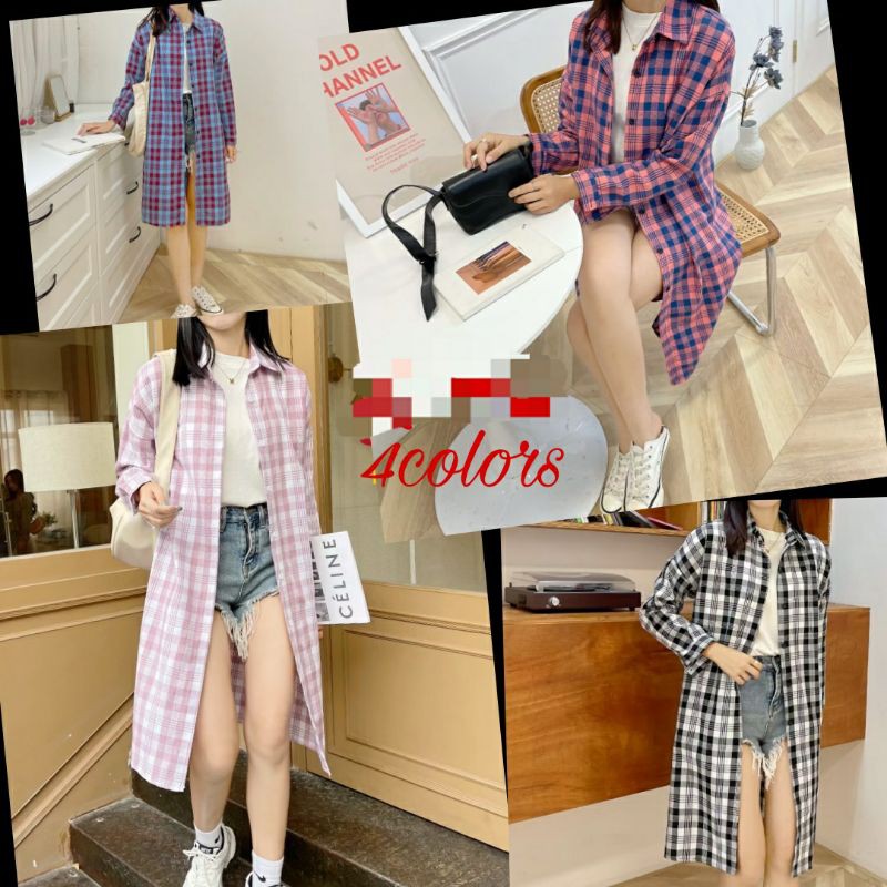 A122 - Basic Cotton Shirt Dress motif kotak (Kemeja Panjang Kotak) - Casual Muslim / Outer Kotak