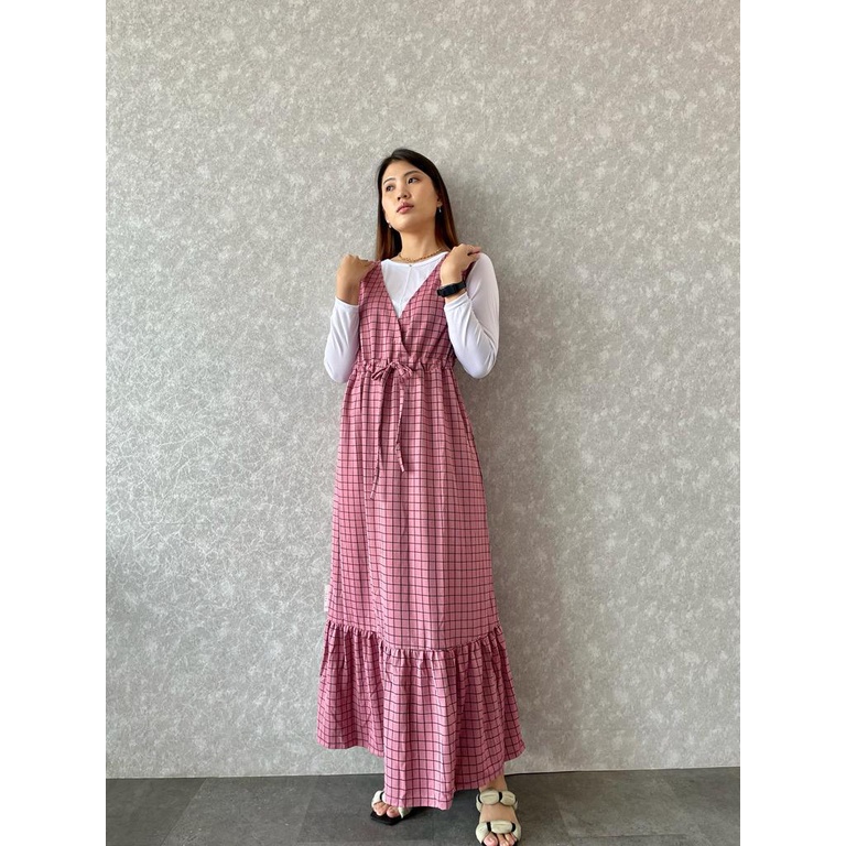 Longdress Overall Kotak Serut inner Overall Inner Serut Motif Kotak Bahan voxy