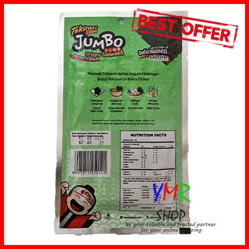 Tokinori Jumbo Crispy Original / Barbeque 4 gr Seaweed Rumput Laut Nori Halal