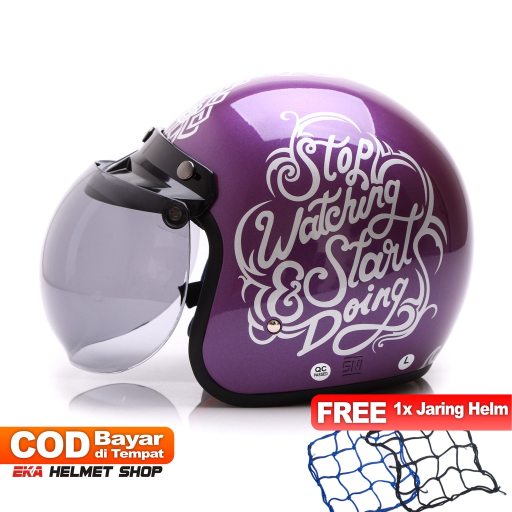 [Helm Dewasa] WTO Helm Retro - Stop Watching - Ungu + Promo Gratis Jaring Helm