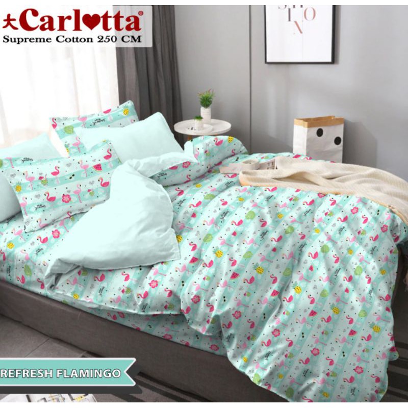 sprei katun ukuran 180x200 motif flamingo by carlotta pink biru