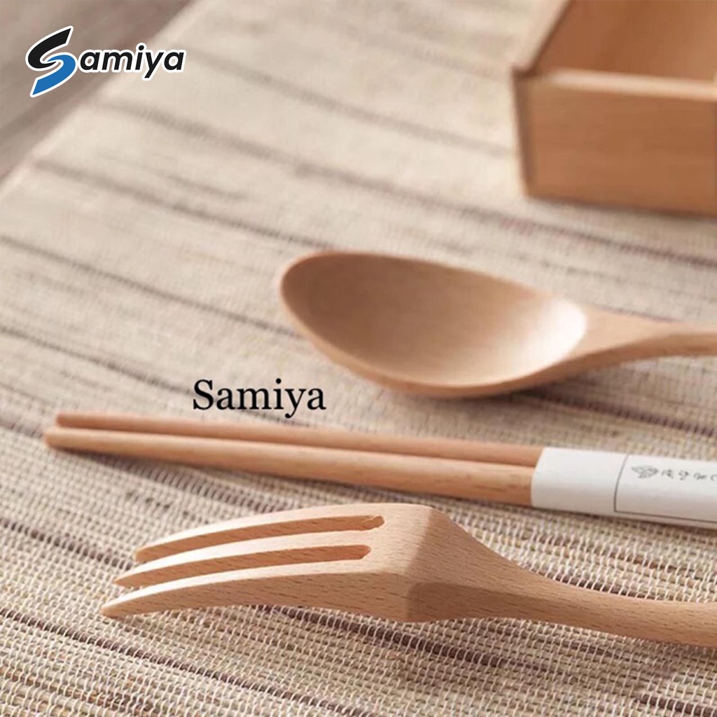 Paket alat makan set sendok garpu sumpit kayu dengan kotak box ( TERIMA CUSTOM PRINT NAMA dan LOGO ) / wooden cutlery set / souvenir set