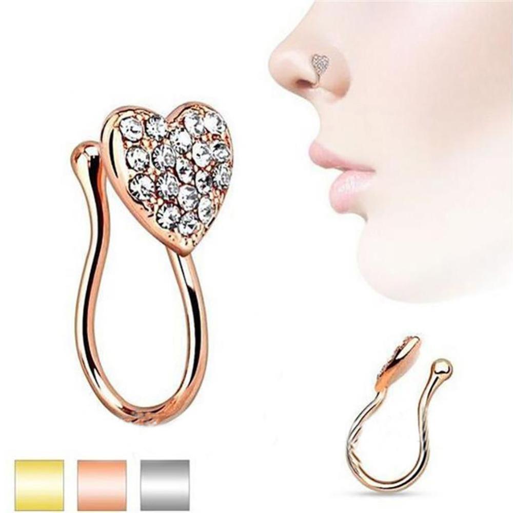 Timekey Cincin Tindik Hidung Desain Hati Hias Berlian Imitasi Unik Untuk Wanita A8B3