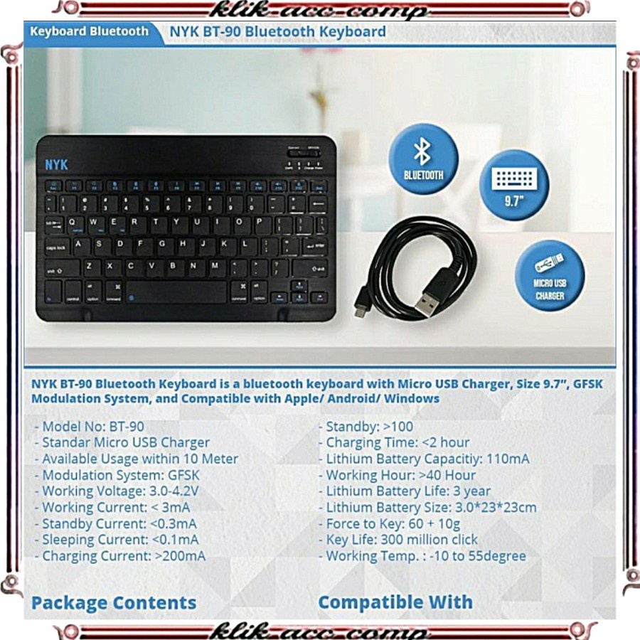 Keyboard Bluetooth  NYK BT90 / Keyboard Bluetooth Mini Slim Bisa untuk ,Android