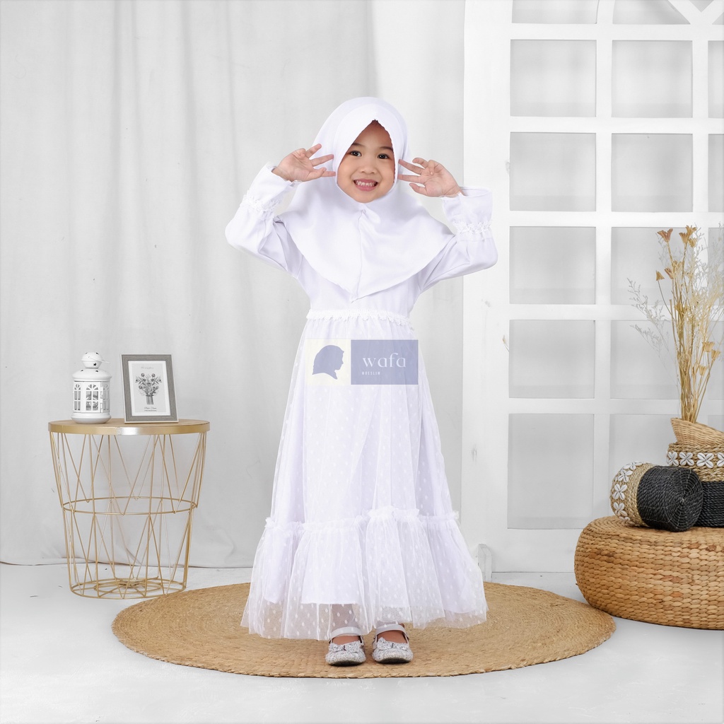 gamis anak syari set hijab warna putih baju gamis putih anak perempuan gamis anak usia 3-10 tahun te