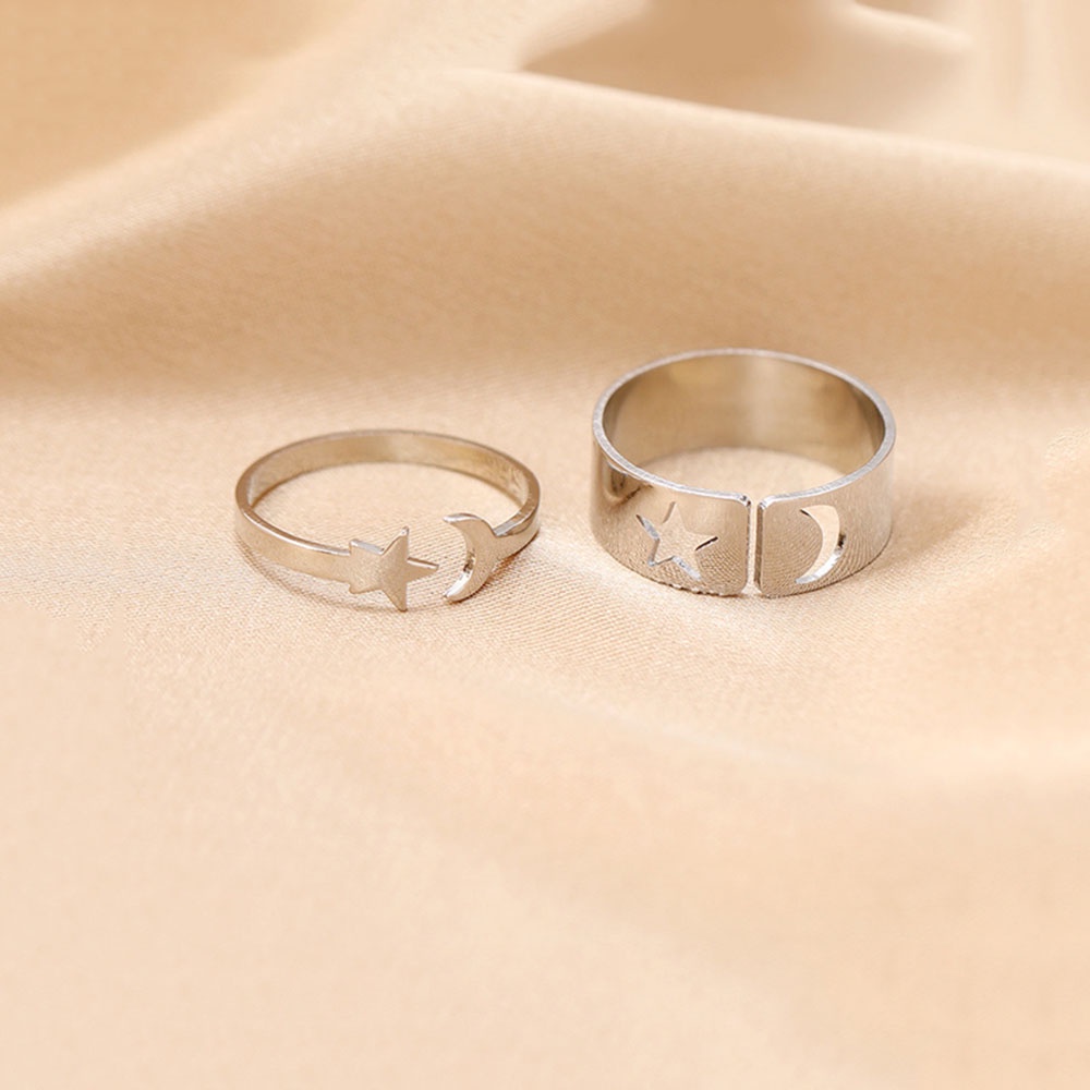 2pcs / Set Cincin Model Terbuka Bahan Metal Desain Geometri / Bulan / Bintang Warna Gold / Silver Untuk Wanita