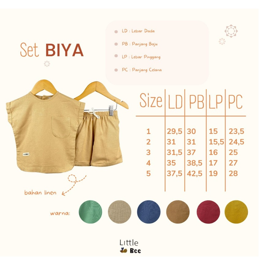 Smilee Biya Set 1-5 Tahun Little Bee Setelan Anak Linen Pocket Unisex Lucu CBKS S24