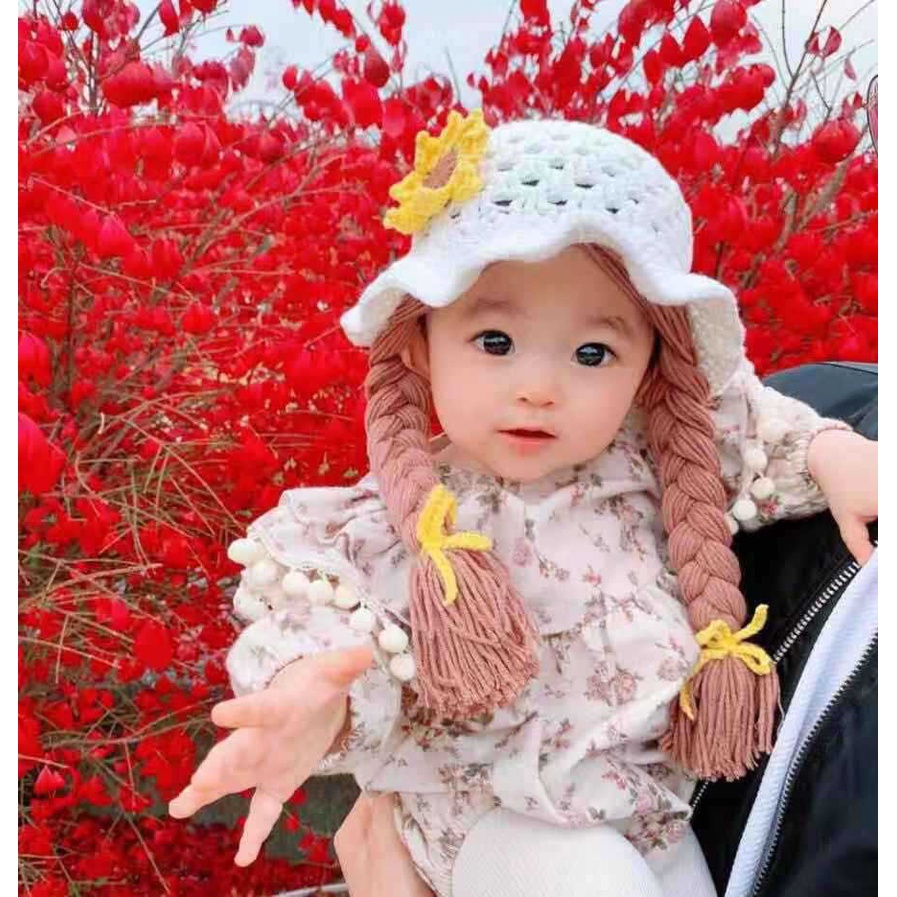 Topi Rajut Anak Perempuan Rambut Kepang Palsu Bayi Perempuan Import Korea Baby Hat Model Carry