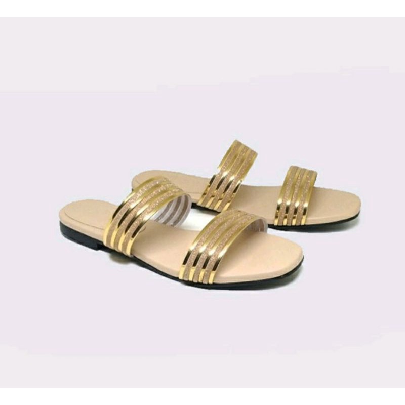 Sandal Garis2 Wanita Big Size 41-45 Sendal Teplek Line JUMBO Hitam Pesta / Sendal Kaki Gemuk Lebar, 45