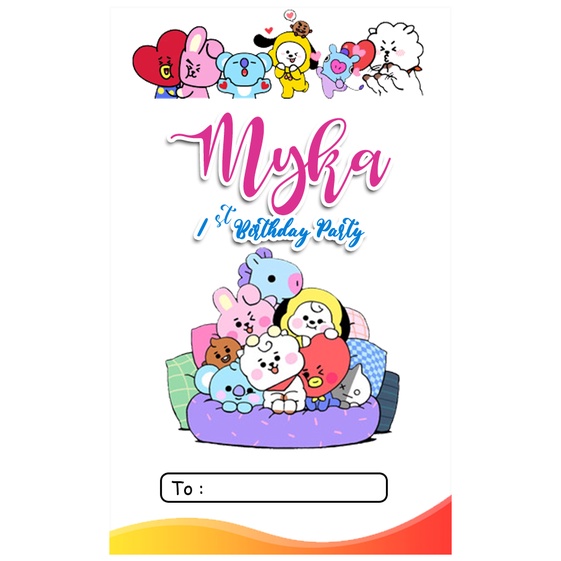 UNDANGAN ULANG TAHUN ULTAH ULANGTAHUN KARAKTER TEMA BT21 CUSTOM DESIGN FREE DESIGN SUKA SUKA UK 9.5x
