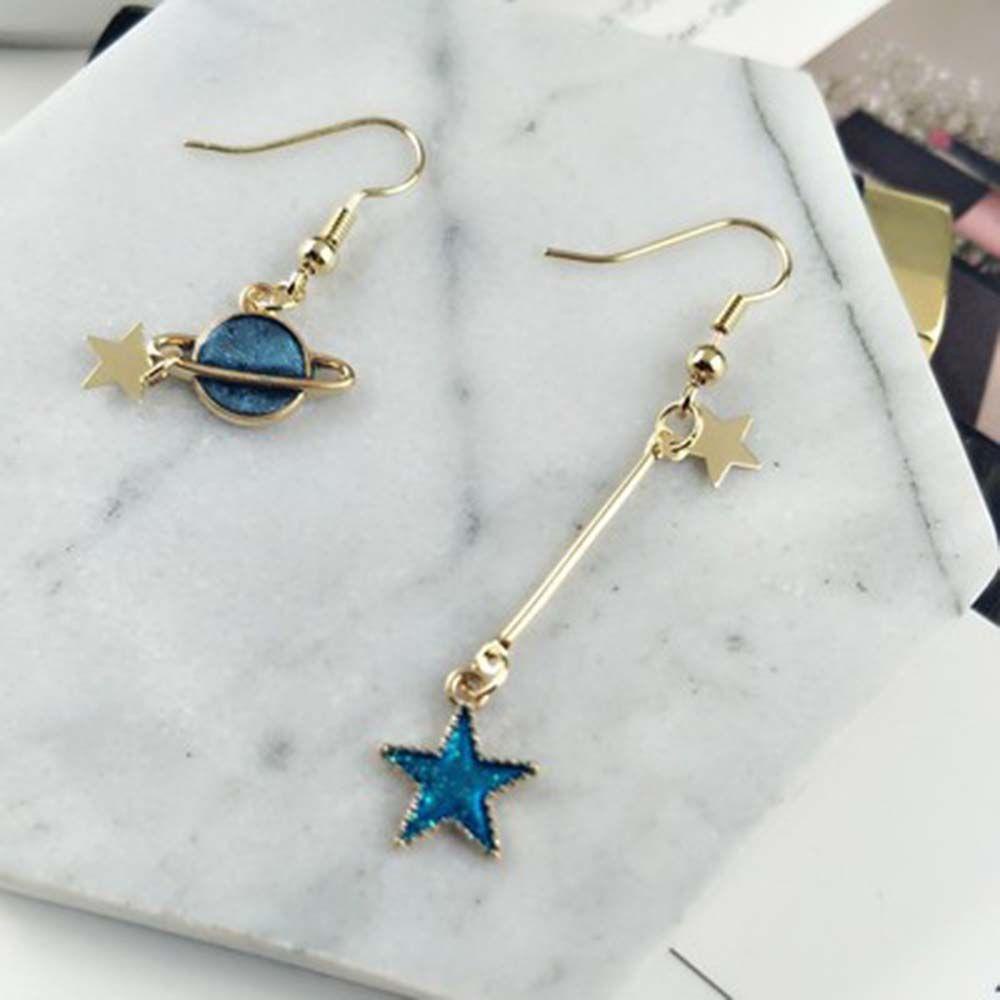 Needway Anting Bulan Bintang Biru Panjang Hadiah Planet Liontin Asimetris Saturnus Ear Studs Moon Women Earrings