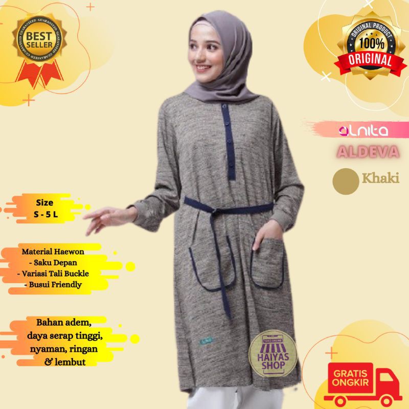 Alnita Tunik Aldeva Khaki atasan wannita bahan haewon busui-saku depan-variasi tali buckle size M