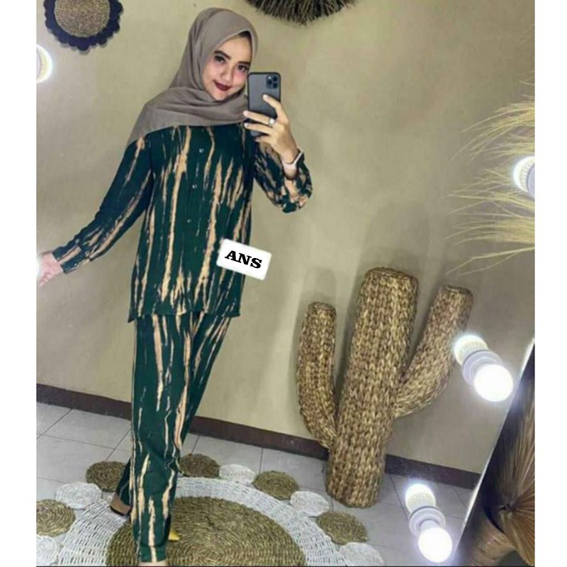 One Set Rayon Tie Dye Gelap Setelan Tie Dye One Set Rayon Super Lengan Panjang Motif Salur