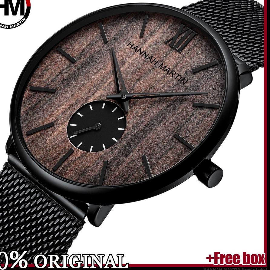 Jam Tangan Pria Sangat tipis Hannah Martin 100% Original Jam Kayu Cowok Quartz Men Watch  Arloji tan