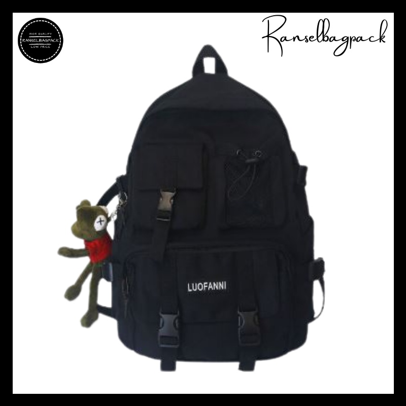Tas Ransel - Backpack Punggung Bahu Sekolah Kekinian Terbaru Murah Casual Simpel Elegan Multifungsi Stylish Pria Wanita Cewek Cowok-Hitam