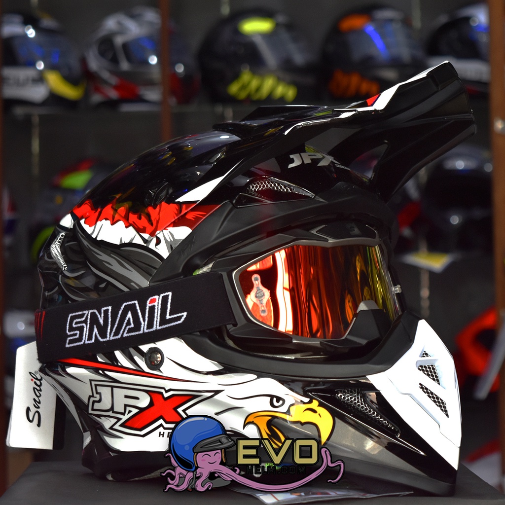 HELM JPX CROSS_FOX1 SERI X39 BLACK GLOSSY SUPERBLACK + GOOGLE SNAIL (ONGKIR 2 KG), PAKET GOOGLE SNAIL ORIGINAL - HELM JPX CROSS PAKET GANTENG JPX FOX1 CROSS HELM JPX TERBARU-MX36 MATT GREY/RED