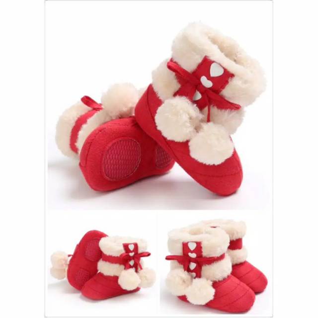 Sepatu boots model love pom pom merah - sepatu prewalker bayi