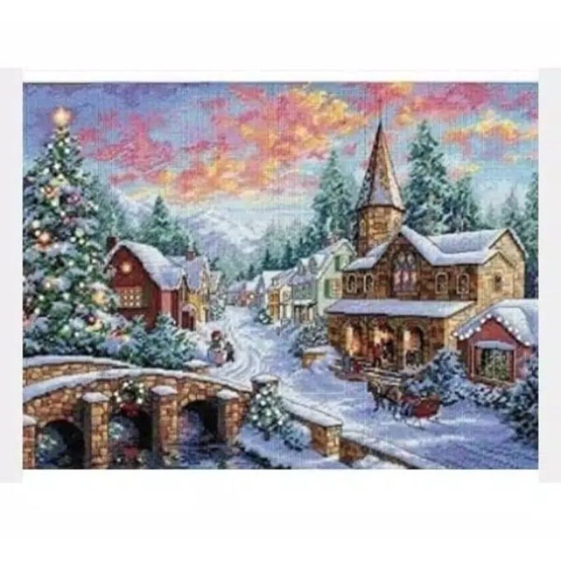 paket kristik pemandangan winter village holiday rumah salju eropa cross stitch kerajinan tangan emb
