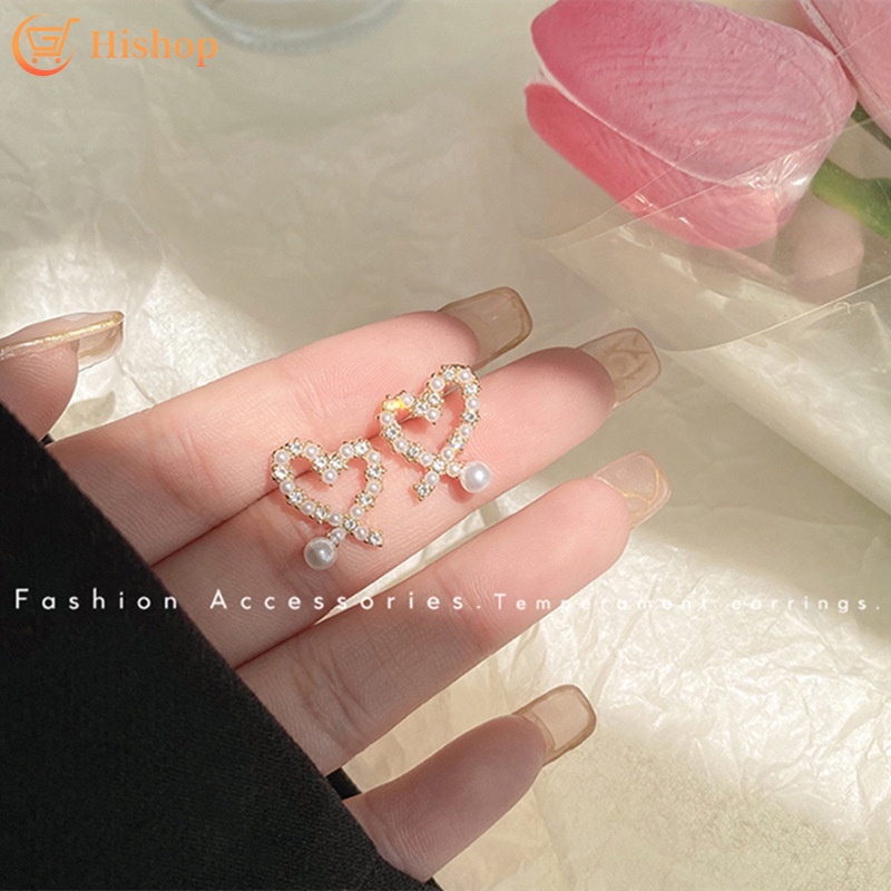 Anting Stud Bentuk Hati Aksen Mutiara Untuk Wanita