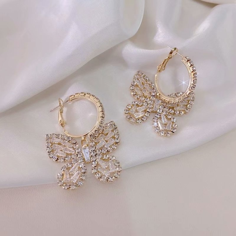 [Trendy Vintage Zircon Butterfly Pendant Earrings ] [Women Bridal Wedding Drop Earrings] [Ladies Elegant Long Dangle Earrings]