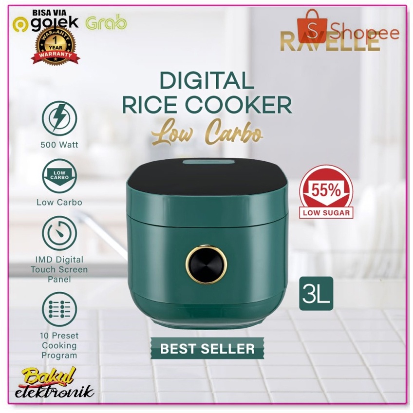 Rice Cooker Ravelle Jade Green 3 Liter - Digital Low Carbo Rice Cooker