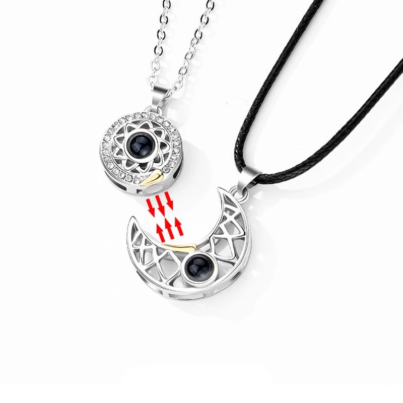 1Pair Couple Creative Magnetic Couple Pendant Necklace /100 Languages I Love You Projection Sun Moon Simple Charm Necklaces