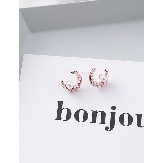 LRC Anting Tusuk Fashion Rose Gold Silver Needle Moon Planet Pearl Zircon Asymmetrical F48270