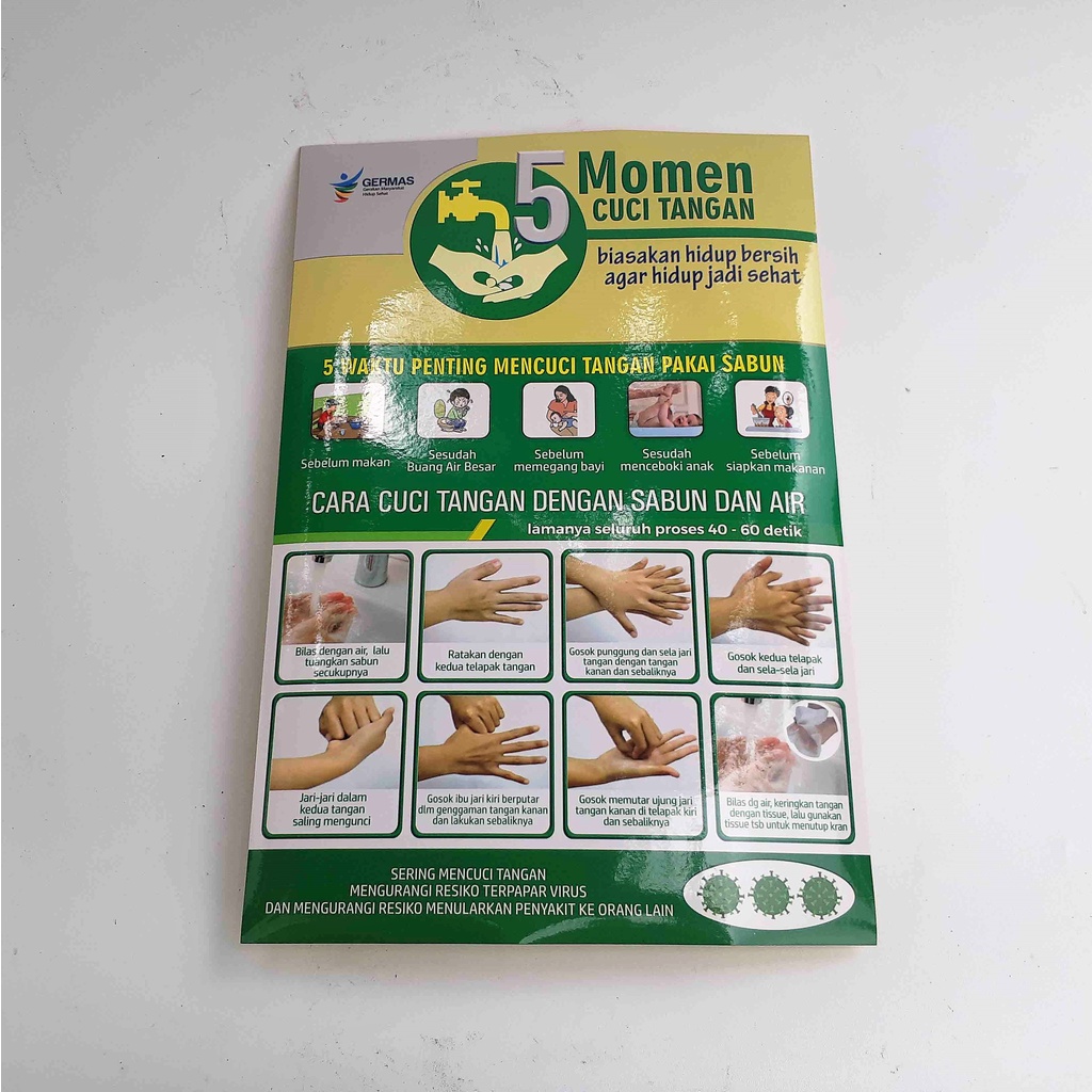 Stiker 5 Momen Cuci Tangan Versi Umum, Stiker Momen Cuci Tangan, Cara Cuci Tangan LAMINATING Glossy