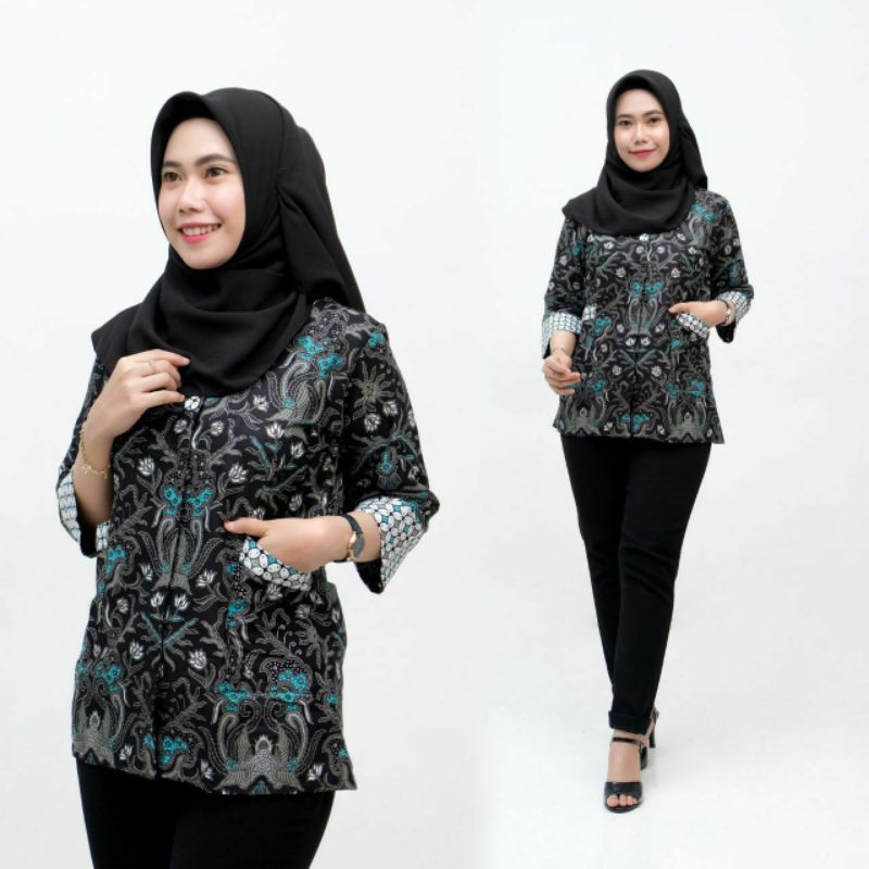 [COD] tey-17 Batik wanita ASJ SA HRB026 Kenongo Kemeja Tosca Pendek Jumputan Kombinasi-Blouse saku