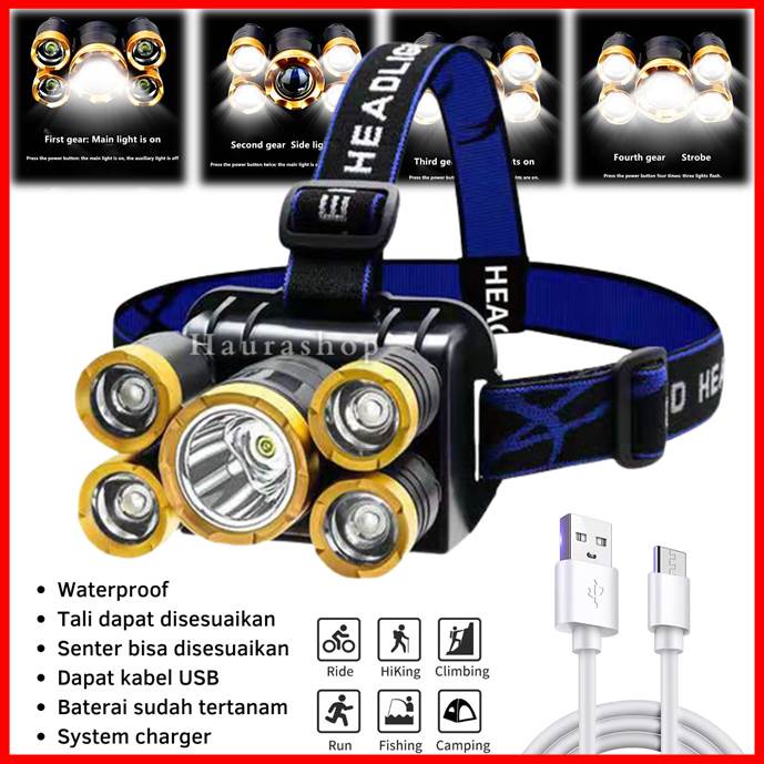 Senter Kepala 5 LED Super Terang USB Rechangeable Waterproof Anti Air 45w 4Mode Cahaya Putih