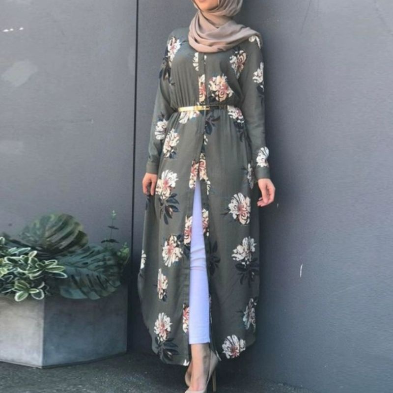 31190 Outer  Auter lengan panjang motif bunga kancing depan luaran jilbab seragaman ala Korea terbar