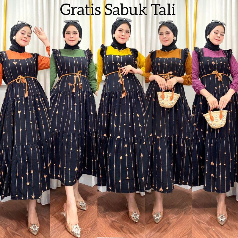 Midi Dress Rayon Motif Salur Kombinasi Free Belt